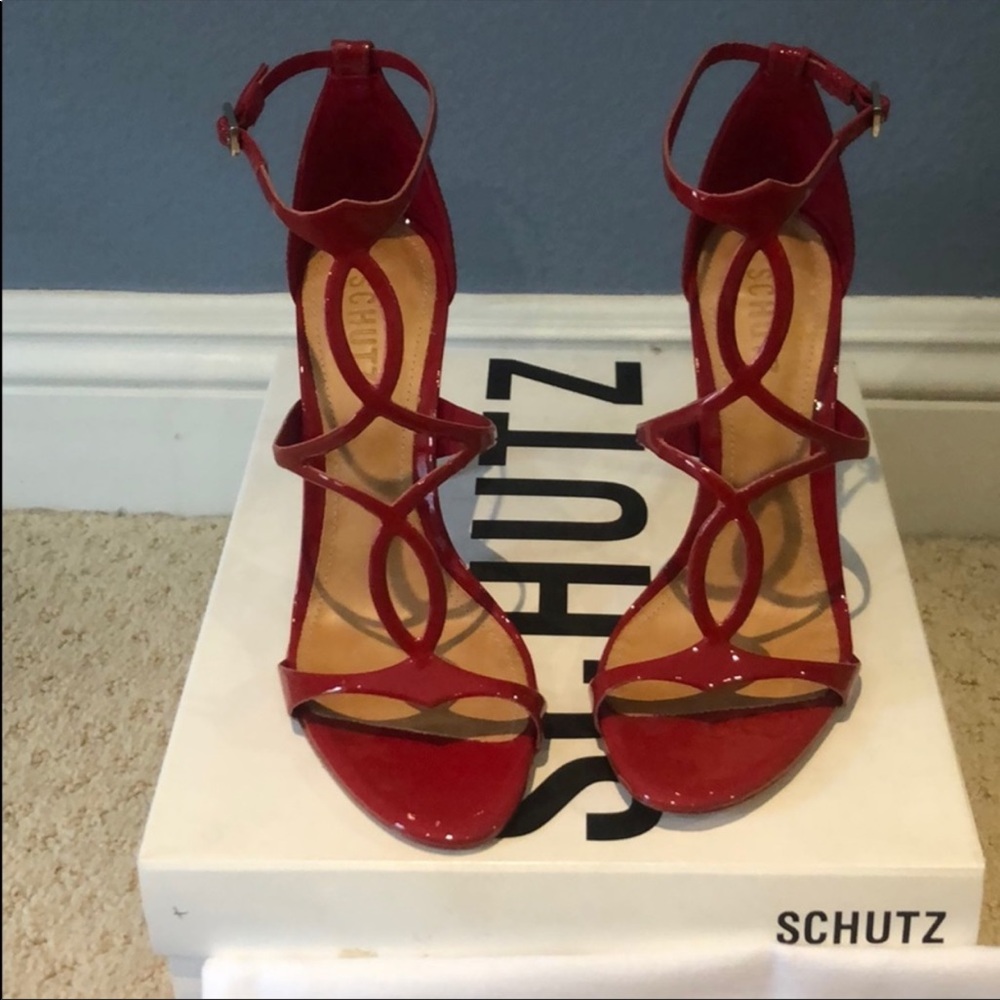 Schutz red patent leather sandal heels